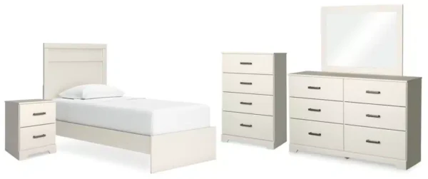 Stelsie Twin Panel Bed with Mirrored Dresser, Chest and Nightstand