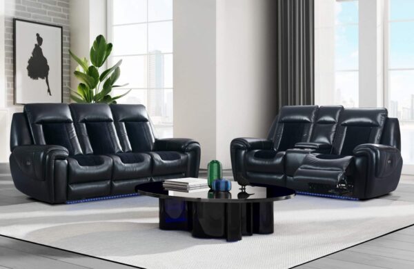 San Jose Blanche Black/Velvet Power Reclining Sofa / Power Console Reclining Loveseat